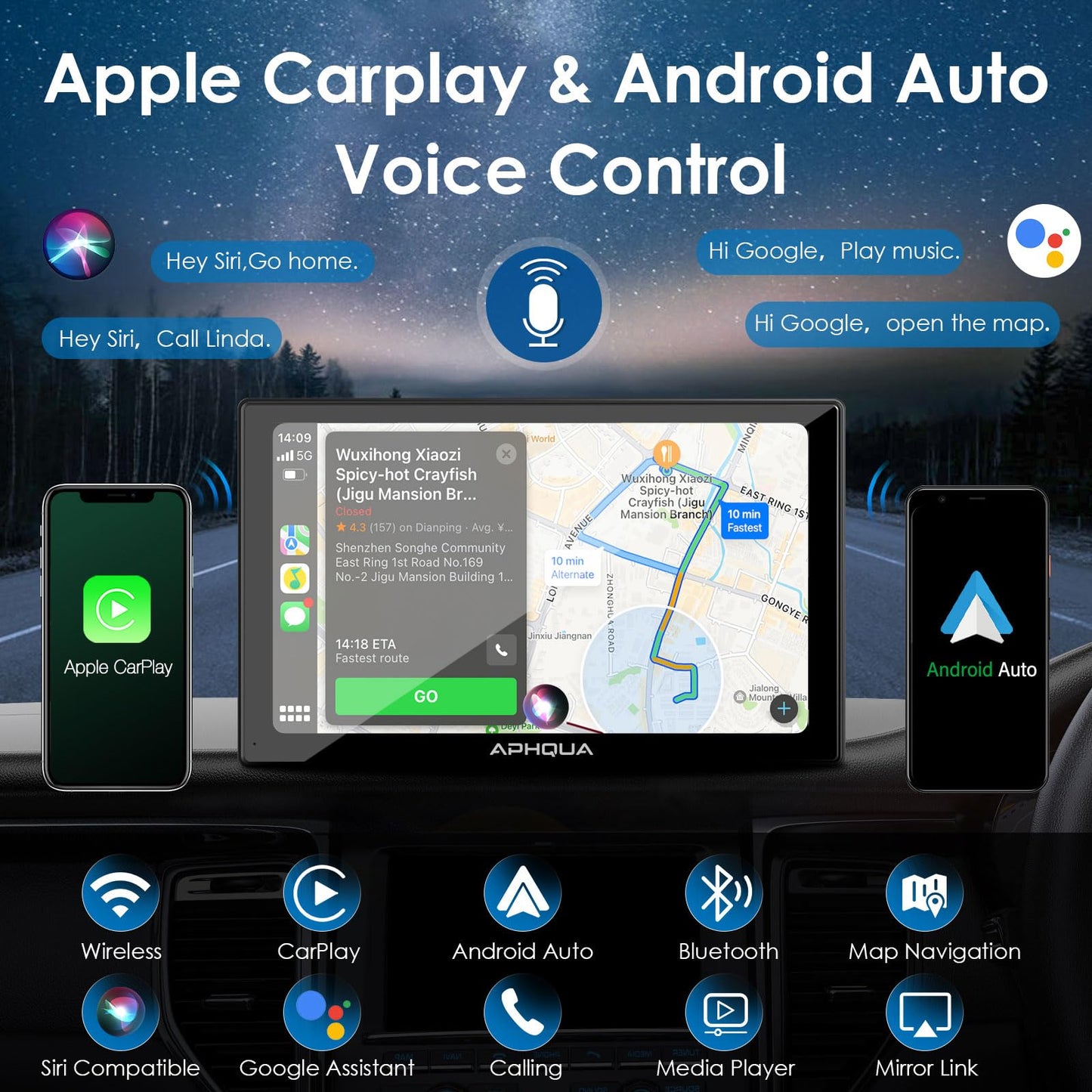 aphqua 2023 Newest Wireless Apple Carplay & Android Auto, 7-inch Touchscreen Digital Media Car Radio Receiver Wirelessly Portable Car Radio with Mirror Link, Google, Bluetooth