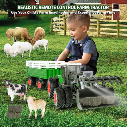 PENGBU RC Tractor Toy for 3 years and up, 2.4 GHz Remote Controlled Tractor with trailer, RC Farm Toy with remote control, cow and sheep, Gift for 2, 3, 4, 6 years old.