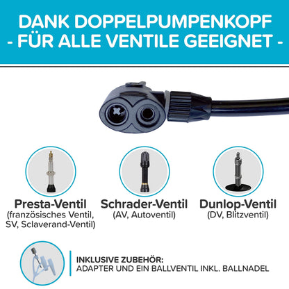 Foot pump with double cylinder and pressure gauge test VERY GOOD - 10 years warranty. Foot pump for all valves (bicycle pump, car air pump) - Powerful foot air pump - High-quality foot air pump.