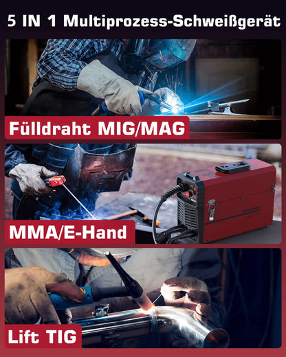 ARCCAPTAIN MIG MAG Shielding Gas Welding Machine IGBT 140A AC230V, 5 in 1 Combo Welding Machine with Flux Core Wire (FCAW)/MMA Stick/Lift TIG with Synergic Wire Feed, comes with 1kg of 0.8mm Flux Core Wire.