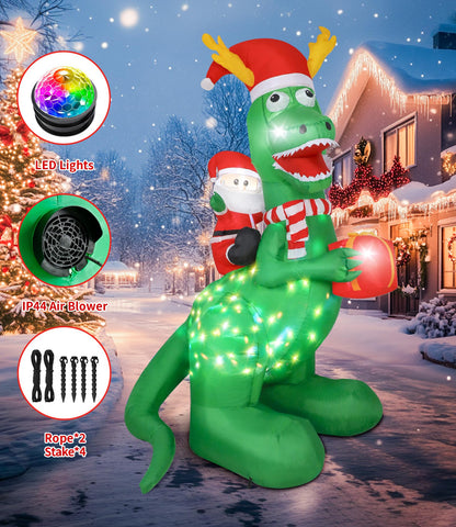 Vintoney 8ft/244cm Christmas Inflatable Dinosaur and Santa Claus Inflatable with Rotating LED Lights Yard Decoration Snowball Inflatables Indoor Outdoor Christmas Decorations