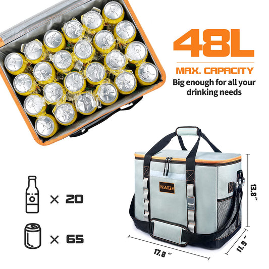 INSMEER 48L Cooler Bag Large Foldable, 65 Can Cooler Bag Thermal Bag Insulated Bag for Drinks, XXL Waterproof Heat Resistant Shopping Bag for Excursions, Picnics, Camping, Hiking, Beach