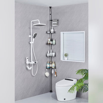 HANFU Telescopic Shower Caddy, 70-305 cm Height Adjustable Shower Shelf Without Drilling, Stainless Steel Corner Bathroom Shelf with 4 x Baskets 4 x Hooks and 1 x Towel Holder for Towel Shampoo, Black