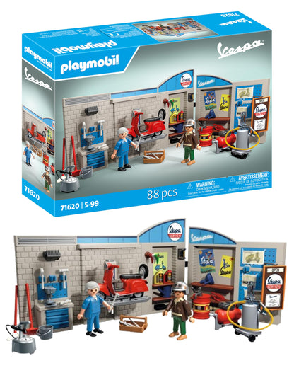 PLAYMOBIL Cars 71620 60s Vespa Garage, including movable lift, with various accessories for an authentic workshop, for vehicle enthusiasts of all ages.