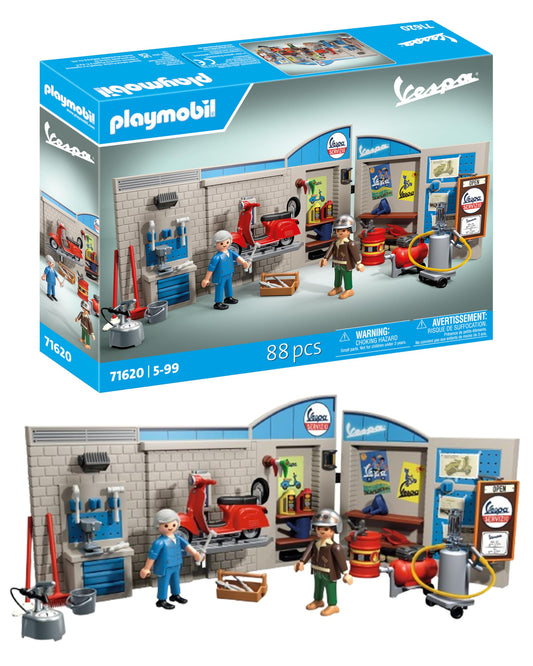 PLAYMOBIL Cars 71620 60s Vespa Garage, including movable lift, with various accessories for an authentic workshop, for vehicle enthusiasts of all ages.