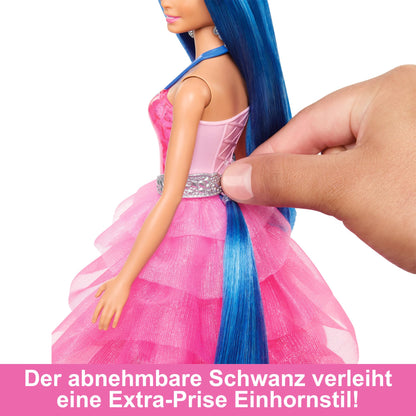 Barbie A hidden magic doll with unicorn, pink dress with sapphire blue details, unicorn headband, detachable sapphire wings, and unicorn tail, for children aged 3 and up, HRR16