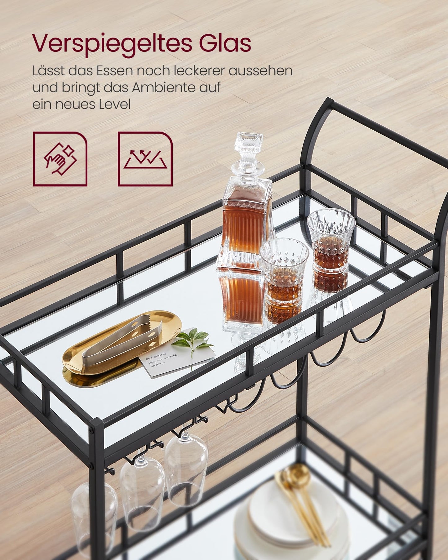 VASAGLE serving cart, rolling cart, glass holder, 2 mirrored glass shelves, bar cart, wine cart, for kitchen, dining room, bar, black LRC090B62