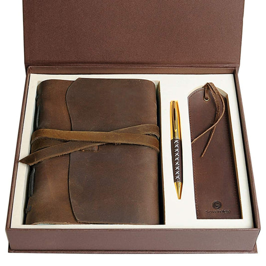 Leather diary notebook journal gift set with antique leather bookmark + pen, handcrafted writing 18x13cm unlined leather bound daily notepad for men & women travel journal