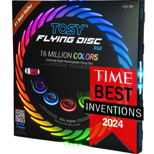 TOSY Flying Disc - 16 million RGB colors, bright, smart modes, automatic light-up, rechargeable, ideal for birthdays, Easter, men/boys/kids, 175g Frisbee
