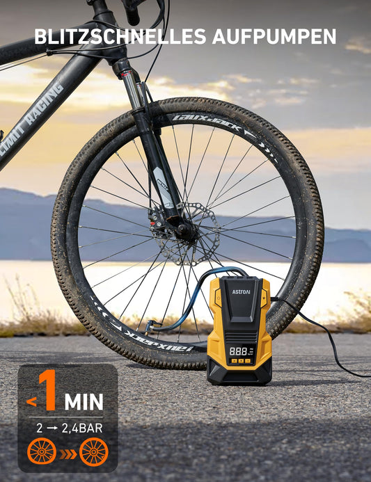 AstroAI 2-in-1 Compressor Auto, Air Pump 12V 230V, 10.3 Bar Tire Pump with AC/DC Dual Power Supply and Durable Metal Motor for Cars, Bicycles, Motorcycles, Balls, Yellow
