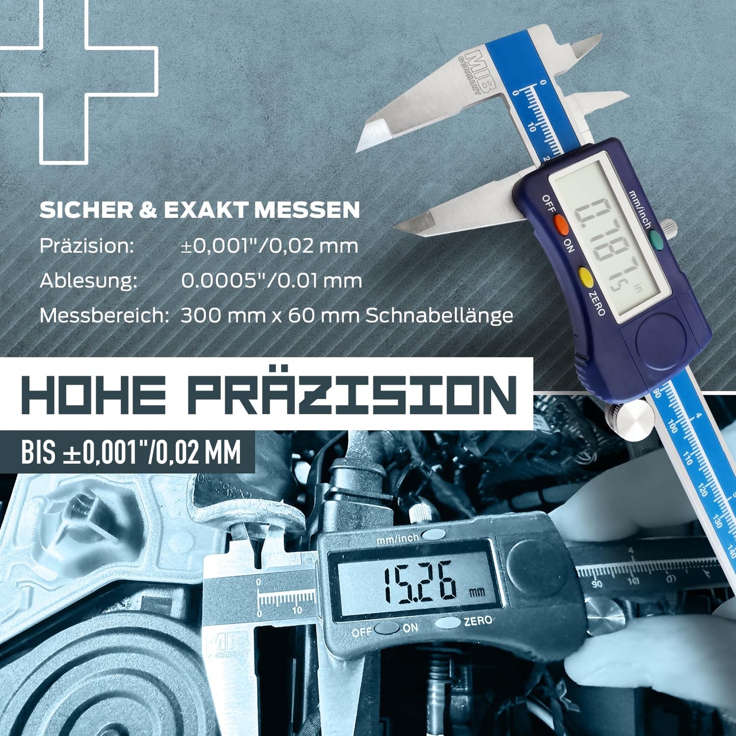 MIB Digital Caliper with Wheel DIN 862 300mm | Tool for precise measurements | Digital caliper made of stainless steel | Digital sliding caliper with large LCD display | 4-way measurement