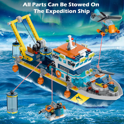 HOGOKIDS City Floating Boat Building Kit with LED Lights - Fun Arctic Explorer Ship Building Brick Ocean Exploration with Helicopter Submarine Birthday Gift for 6+ Year Old Boys Girls Kids