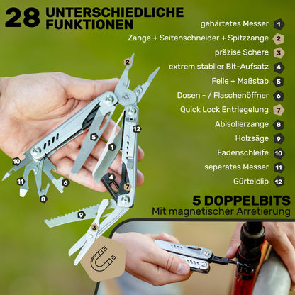 TREKLINE Premium Multitool Tool [stainless steel] Survival Multifunction knife perfect camping accessory, Multifunction tool [28 functions] pocket knife, Protected design