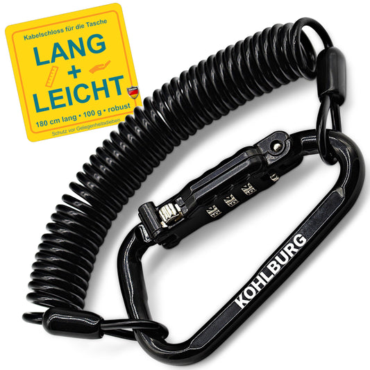 KOHLBURG 180cm extra-long combination lock for the bag - 3mm thick cable lock for use as stroller lock, helmet lock, snowboard lock & ski lock - mini road bike & bicycle lock with combination code
