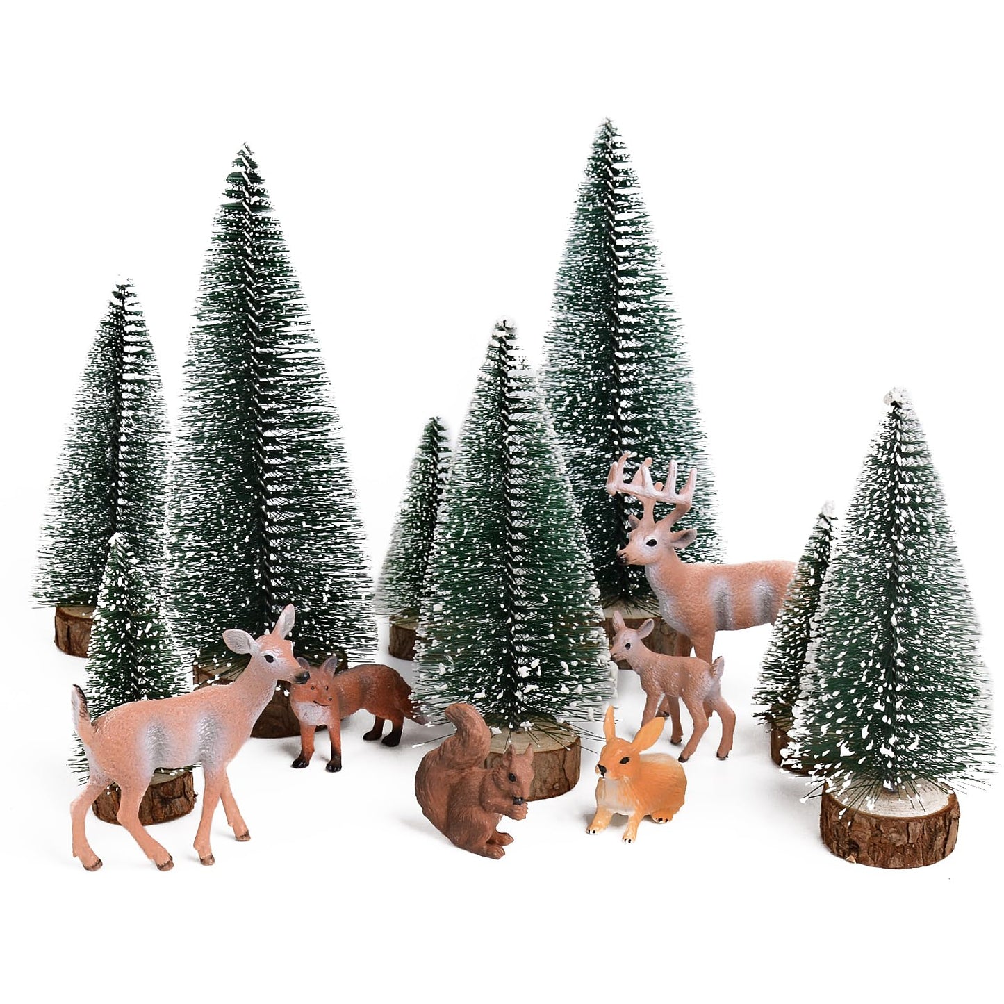 14 pieces Christmas Mini Figures Christmas Tree Artificial Ornament Miniature Pine Tree Deer Rabbit Fox Squirrel Reindeer Small Christmas Figures Christmas Decoration for Crafting Xmas