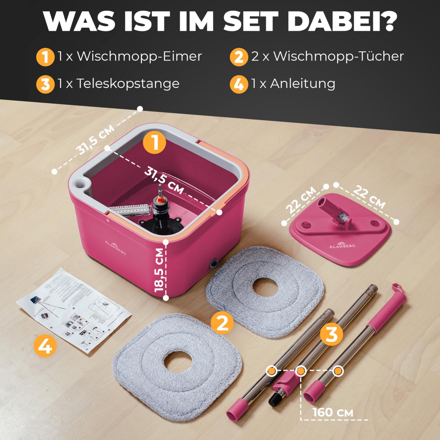 ALANBERG® mop set with bucket, 2-chamber system separation of dirty and clean water, self-wringing with 160 cm telescopic pole & 2 microfiber pads, suitable for all floors, space-saving, pink