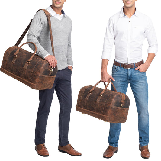 STILORD 'Edson' leather weekender bag for men and women. Vintage travel bag with large capacity for hand luggage and sport equipment. Waterproof duffle bag made of genuine leather in brown color.