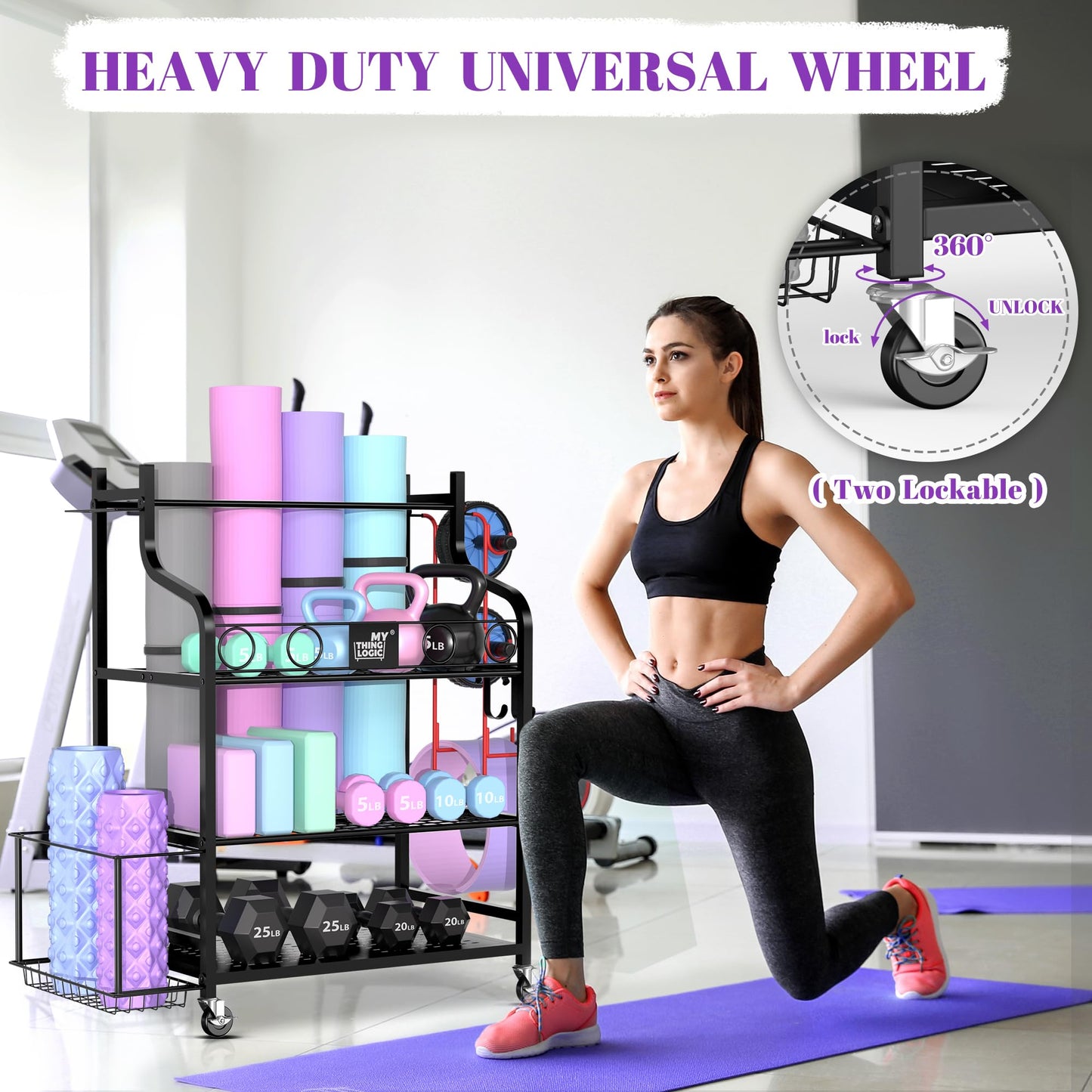 Mythinglogic Yoga Mat Rack, Yoga Mat Organizer for dumbbells, foam roller, kettlebell, and yoga block, home and gym storage shelf sports equipment display rack.