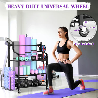 Mythinglogic Yoga Mat Rack, Yoga Mat Organizer for dumbbells, foam roller, kettlebell, and yoga block, home and gym storage shelf sports equipment display rack.