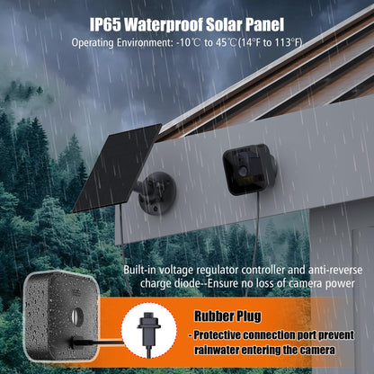 Solar panel for Blink outdoor camera 4, compatible with Blink Outdoor, Blink XT/XT2, and SimpliSafe cameras (not included). IP65 Blink Outdoor (3rd Gen) with rubber plug.