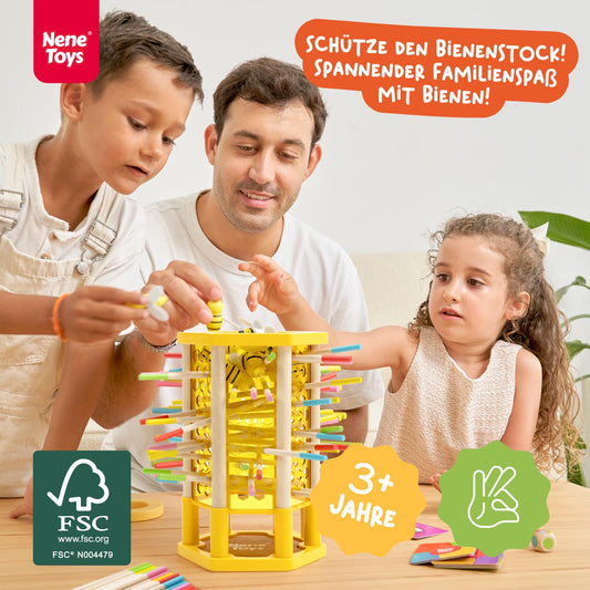 Nene Toys BEEFALL Large, 4-in-1 educational game with bees, Montessori toy for ages 3 and up featuring colorful sticks, dice, and cards - Wooden game for boys & girls 3-9 years - Educational family game