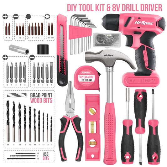 Hi-Spec 58 piece tool set in pink. Cordless drill toolbox tool kit: Tool case filled with 8V cordless drill - tools for women household workshop DIY.