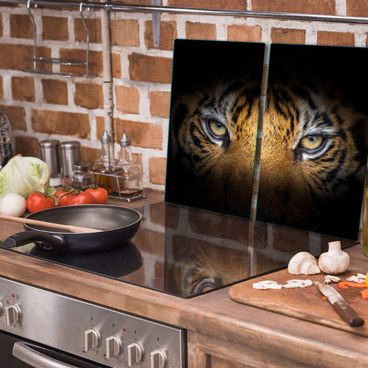TMK | Stovetop Covers 2 Pieces 2x30x52 cm Glass Stovetop Cover Kitchen Electric Stove Induction Stove Guard Splash Guard Cutting Board Black Tiger
