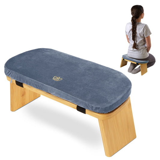 Florensi Meditation Bench - Folding Meditation Bench - Ergonomic Bamboo Meditation Stool - Stable Meditation Chair with Meditation Cushion for Kneeling & Sitting - Deeper & Longer Meditation