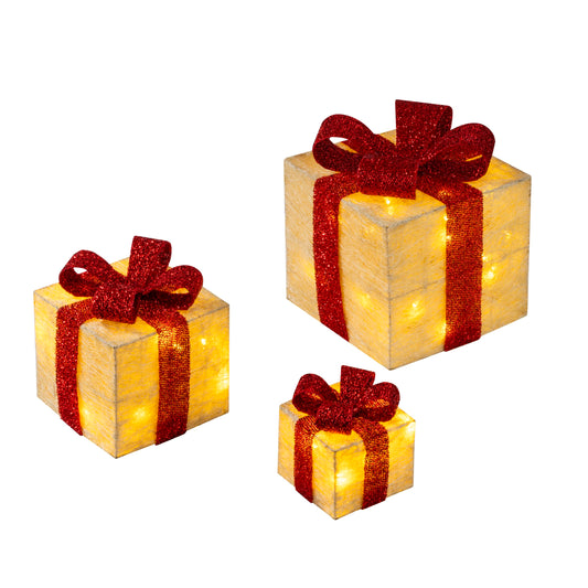 Bambelaa! 3er LED decorative gift light boxes with timer Christmas decoration illuminated Christmas decoration (Yellow)