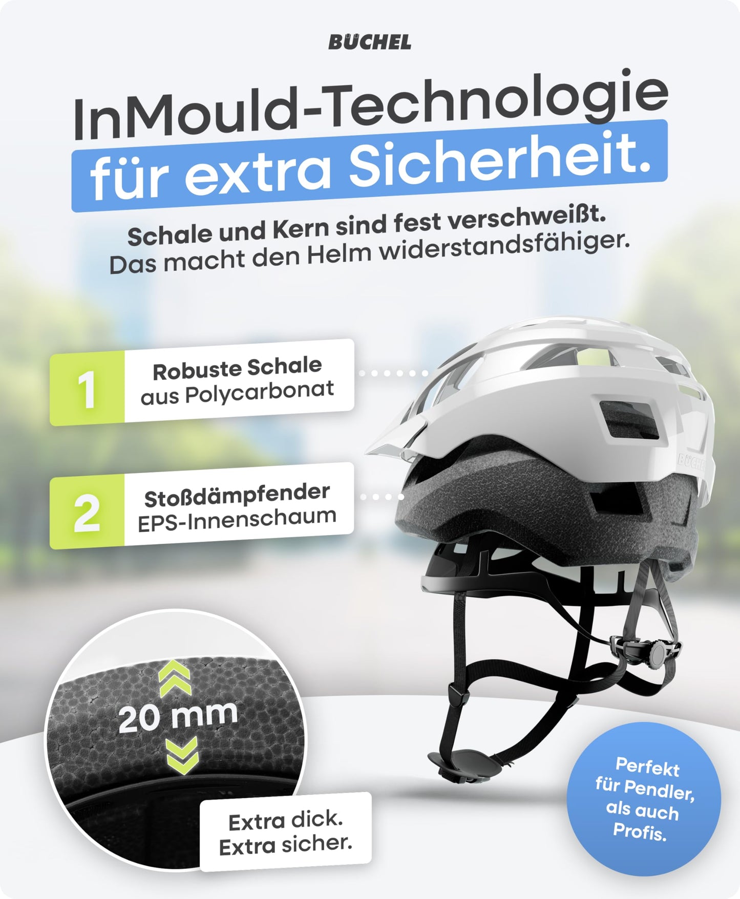 BÜCHEL Bike Helmet with In-Mold Technology - for kids & adults - Cam Lock, chin padding & fly net - Sizes M 52-57 cm & L 58-61 cm - Black, White, Grey (White Matte, L, 58-61cm)