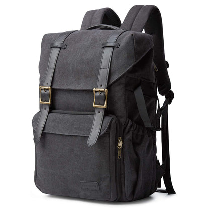 Bagsmart camera backpack for DSLR with canvas material, theft-proof and water repellent design. Fits 15 inch laptop, camera, lenses, accessories, and tripod. Includes rain cover.