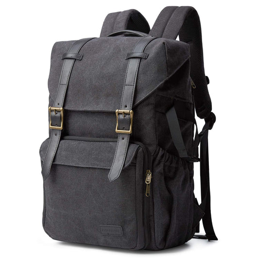 Bagsmart camera backpack for DSLR with canvas material, theft-proof and water repellent design. Fits 15 inch laptop, camera, lenses, accessories, and tripod. Includes rain cover.