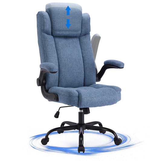 LIYURUI office chair with 150KG capacity, ergonomic design, adjustable headrest, fabric upholstery, swivel wheels, flip-up armrests, and 110° tilt function.