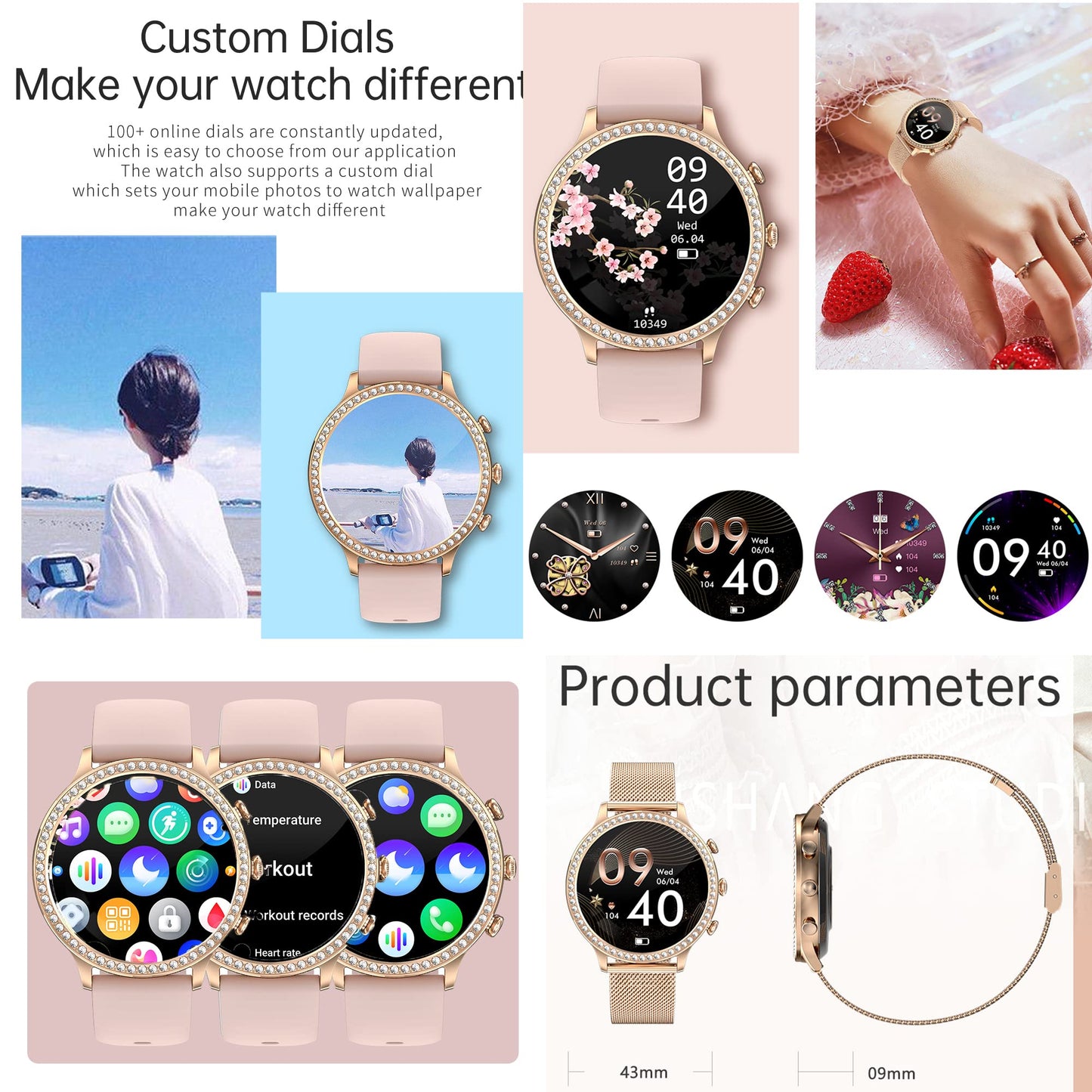 Ladies smartwatch with phone function, 1.32 Fitness Watch Diamond Ladies, Fitness Tracker Watch with menstrual cycle, heart rate, SpO2, sleep monitor, pedometer, wristwatch for Android iOS (Gold)