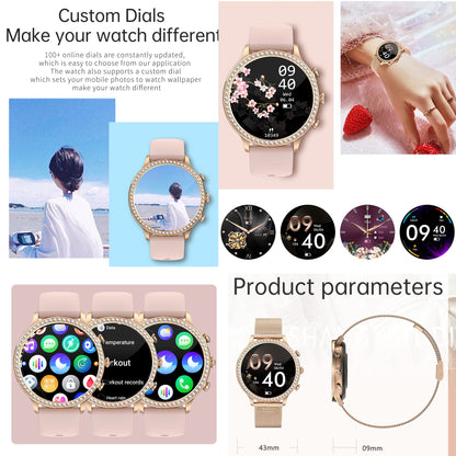 Ladies smartwatch with phone function, 1.32 Fitness Watch Diamond Ladies, Fitness Tracker Watch with menstrual cycle, heart rate, SpO2, sleep monitor, pedometer, wristwatch for Android iOS (Gold)