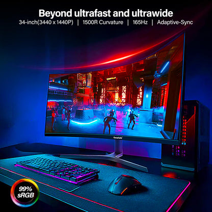 Gawfolk 34 inch Ultrawide Curved Gaming Monitor 165Hz, 1500R PC Screen UWQHD 3440x1440 with Height Adjustment, Curved Computer Screen supports VESA 75 x 75 mm.