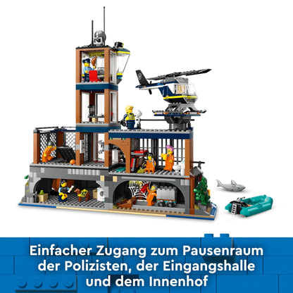 LEGO City Police Station on the Prison Island, police toy with helicopter, boat, and shark, set with 7 minifigures and dog, birthday gift for boys and girls aged 7 and up 60419
