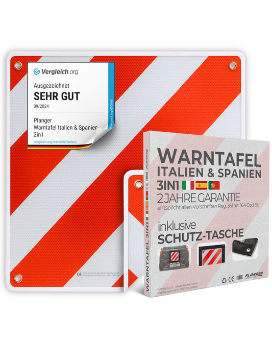 PLANGER® - Warning sign Italy and Spain & Portugal 3in1 (50 x 50 cm) (sign + bag) - Reflective warning sign red white for rear carriers and bike racks