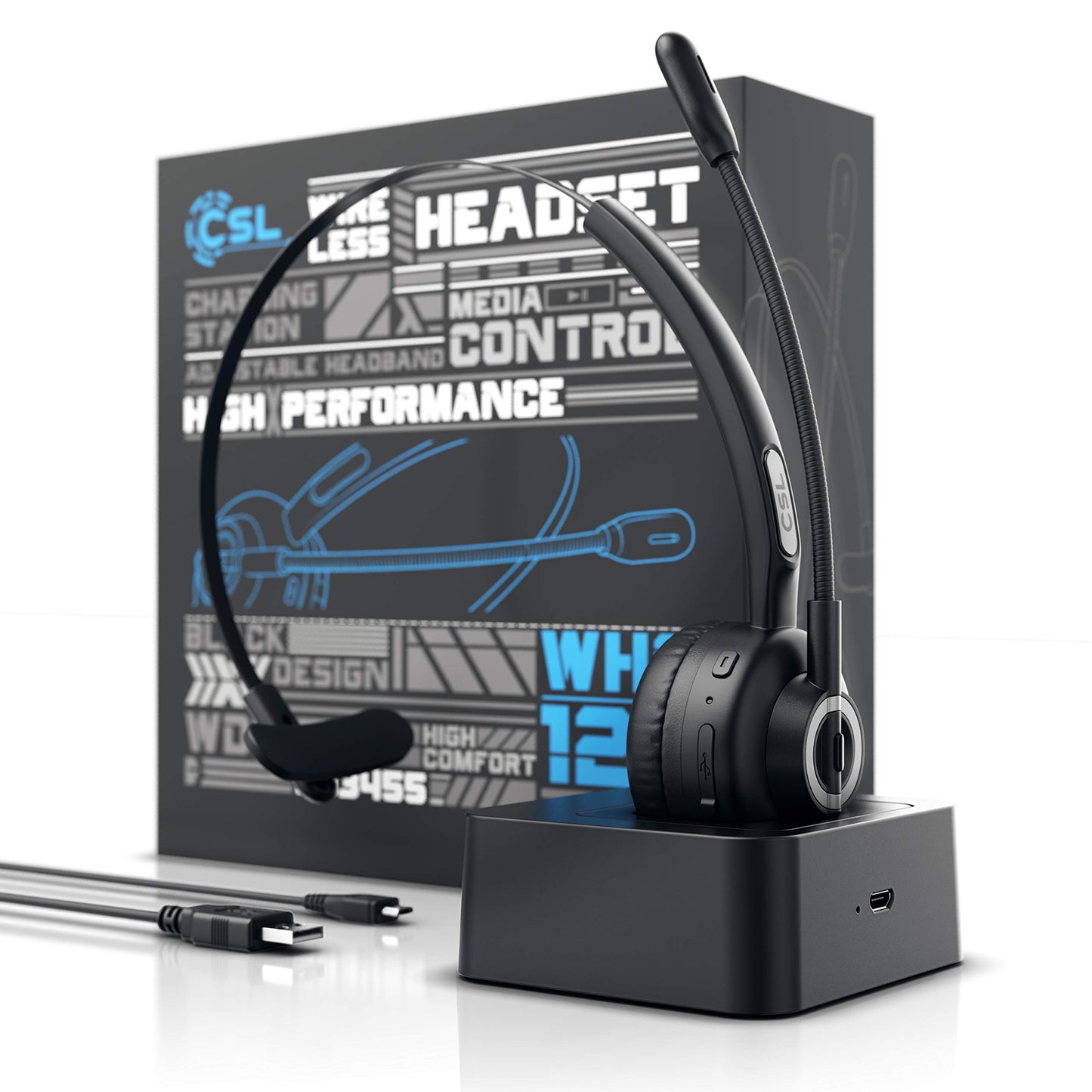 CSL - Wireless headset with charging dock - Mono Bluetooth headset with microphone - USB charging port - Multipoint, noise cancellation - lightweight - hands-free calling - PC tablet smartphone - home office office