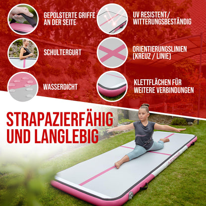 AERONE Airtrack Inflatable Tumbling Mat | Air Tracking Mat 3m [Includes Shoulder Strap, Carrying Bag, Air Pump] Air Track for Gymnastics at Home, Outdoors, or Pool | Pink