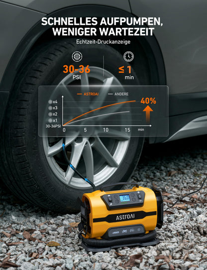 AstroAI Portable Air Compressor for Car 12V DC/230V AC Dual Power Sources, high-pressure up to 10.3 bar, max airflow of 350 L/min, versatile air pump for bike, car, inflatables, air mattress