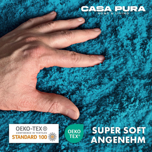 casa pura turquoise bath mat soft, fluffy bathroom rug in shaggy look, non-slip washable bath mat - shower mat, carpet floor mat for bathroom, shower 60x100 cm, Sky Soft