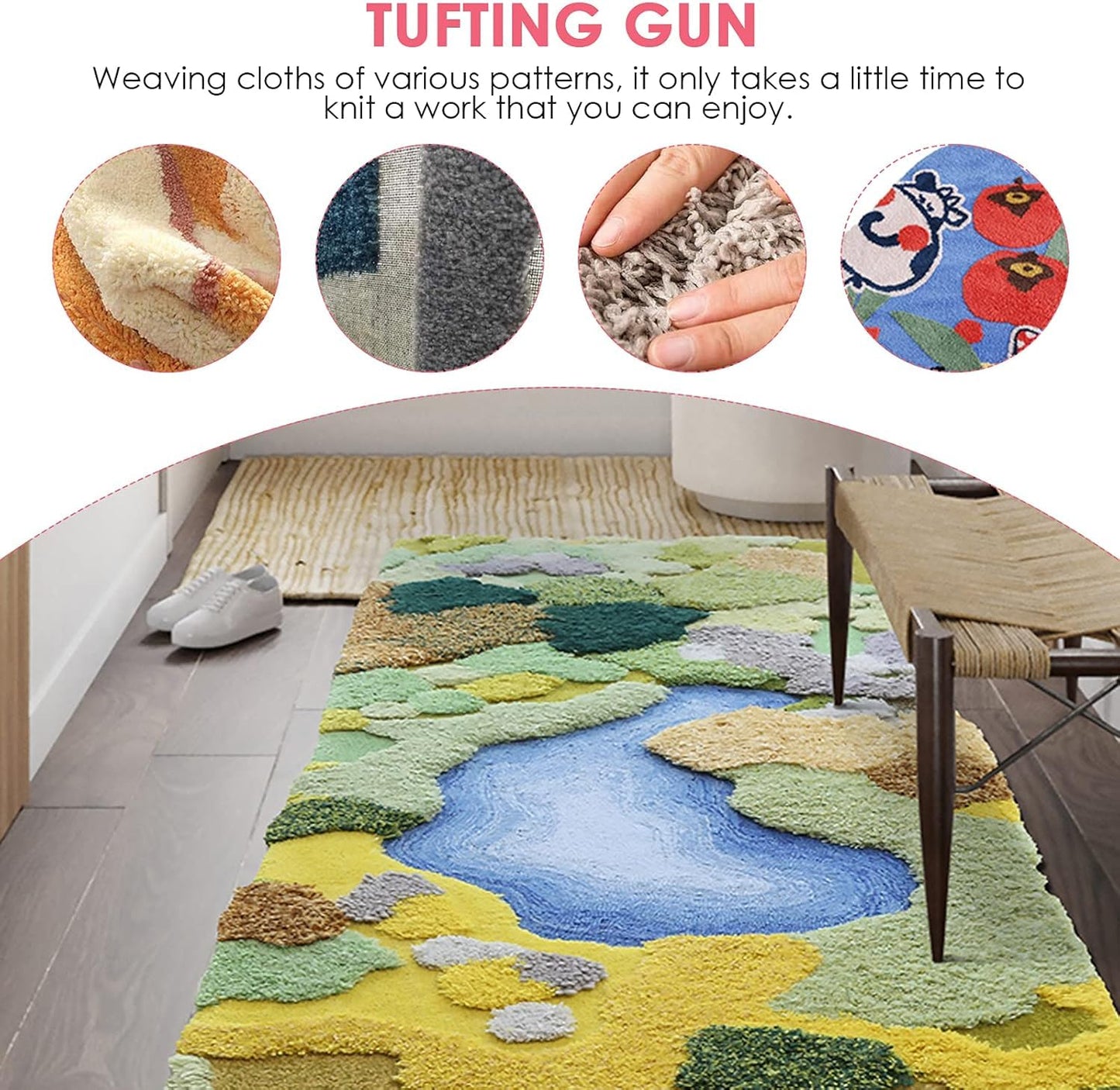 Aomdom Tufting Gun 2 in 1 Electric Tufting Gun with 5-40 steps/s speed and 7-21mm adjustable pile height. Ideal for crafting carpets or clothing in pink color.