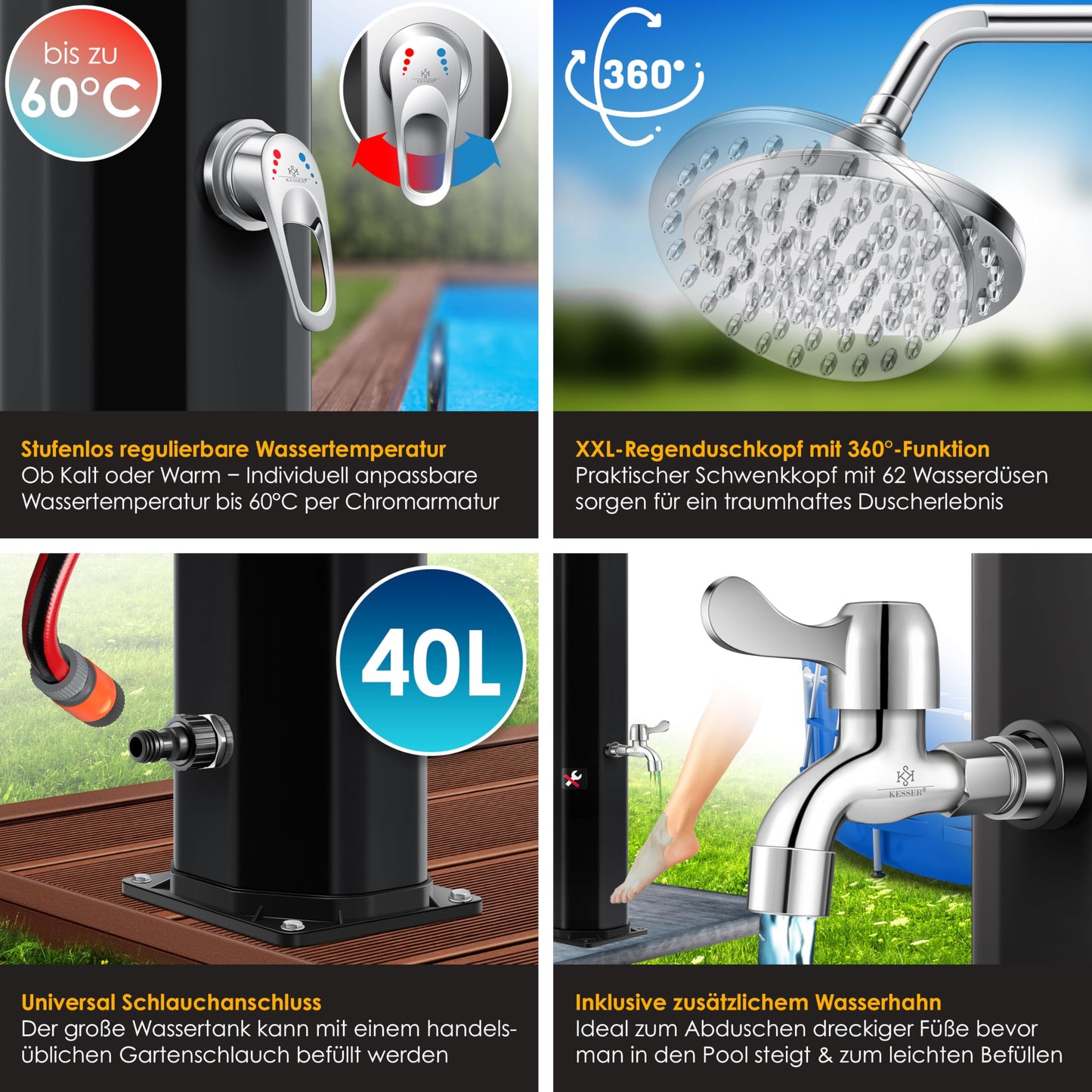 KESSER® 40-liter solar garden shower with metal shower tray & cover | warm water | max. 60°C | no need for electricity | poolside shower for camping | rain shower head and water tap | Black