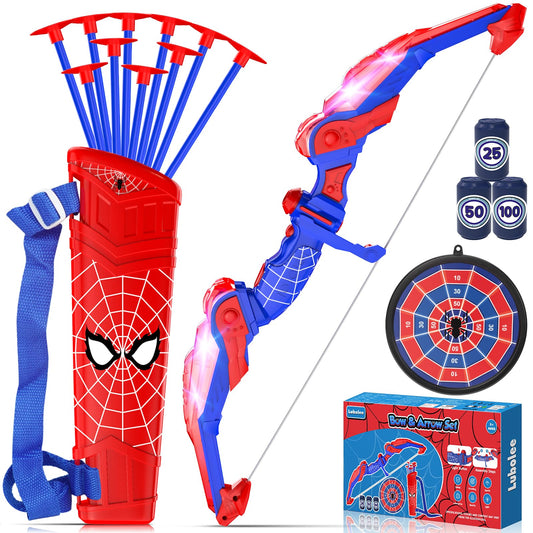 Lubolee LED lighted bow and arrow kids set, outdoor toy for boys aged 3-12, includes bow, quiver, 10 arrows, hanging target, and 3 foam targets.