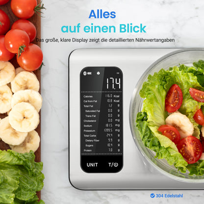 Cosori digital kitchen scale with nutritional calculation, nutrition scale app tracks 19 nutrients, calorie data analysis, 5kg stainless steel food scale, suitable for weight loss, database only for Germany.