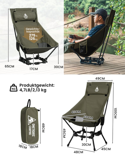 OneTigris DRAGONHIDE camping chair high backrest foldable 125 kg, foldable camping chair lightweight, foldable fishing chair with 2 side pockets, ultralight folding chair for outdoor, hiking (Ranger Green)