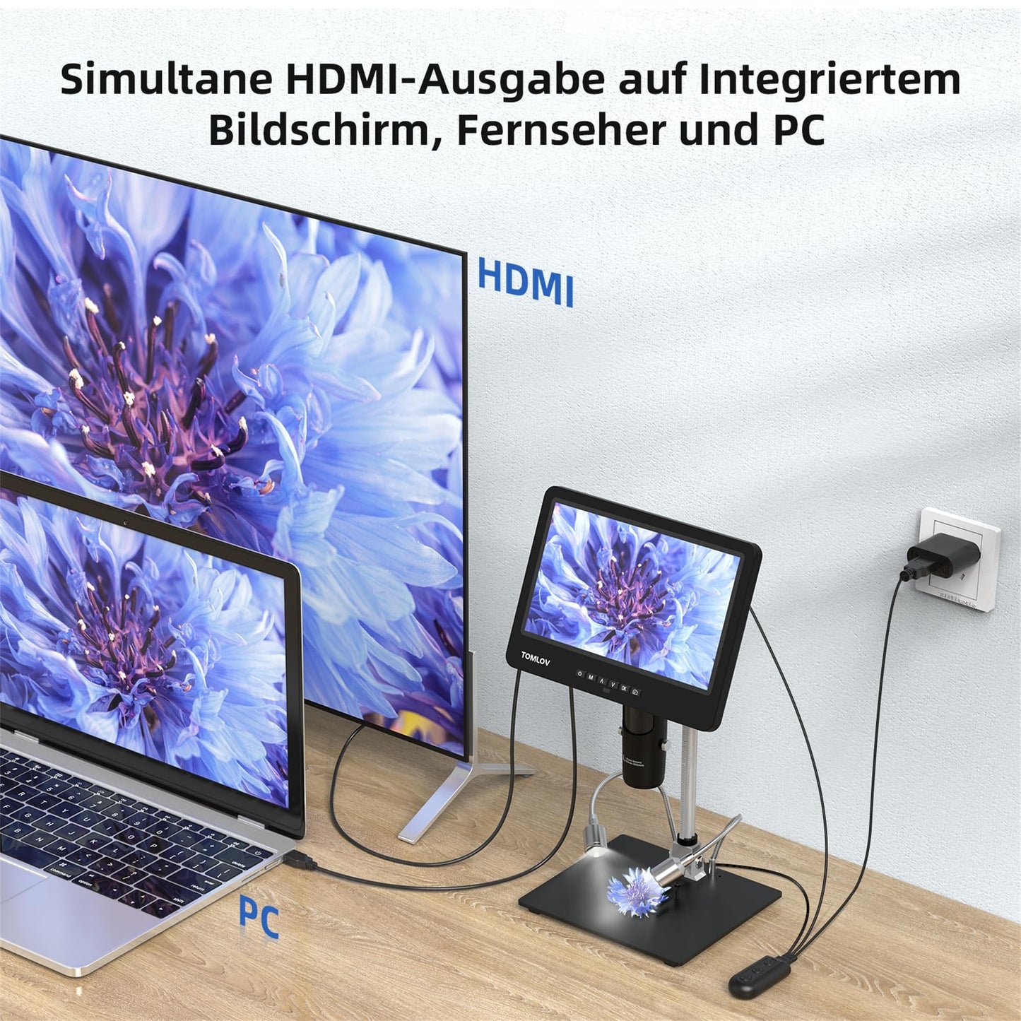 TOMLOV DM601 Triple Lens Digital Microscope, HDMI LCD Microscope with Screen, 7 Inch Soldering Microscope, Coin Loupe with Lights, Microscope with Slides, 10" Stand, 64GB, Windows/Mac Compatible