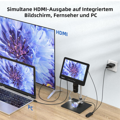 TOMLOV DM601 Triple Lens Digital Microscope, HDMI LCD Microscope with Screen, 7 Inch Soldering Microscope, Coin Loupe with Lights, Microscope with Slides, 10" Stand, 64GB, Windows/Mac Compatible