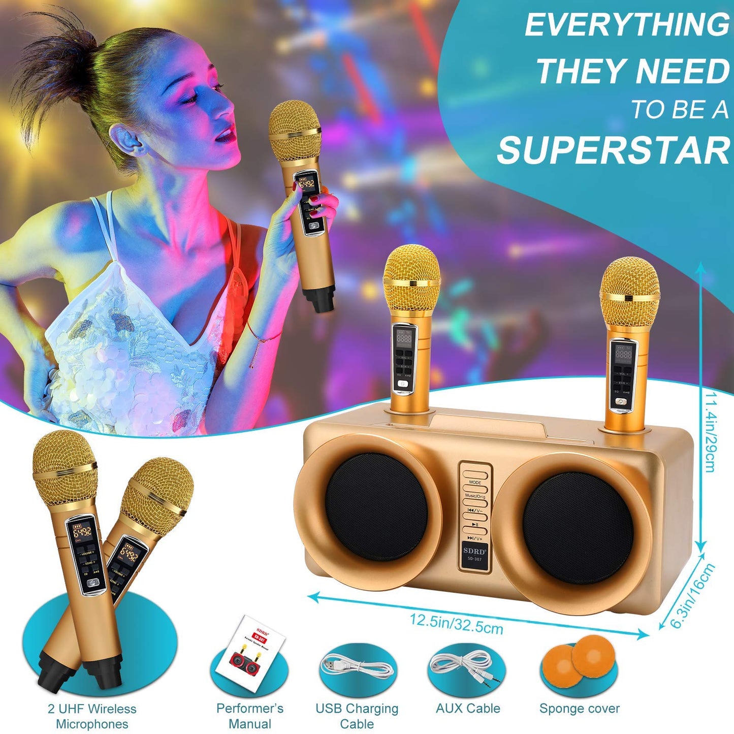 ALPOWL Karaoke Machine for kids and adults, portable Bluetooth speaker PA system with 2 UHF wireless microphones for home party, wedding, church, picnic, outdoor/indoor (Gold)